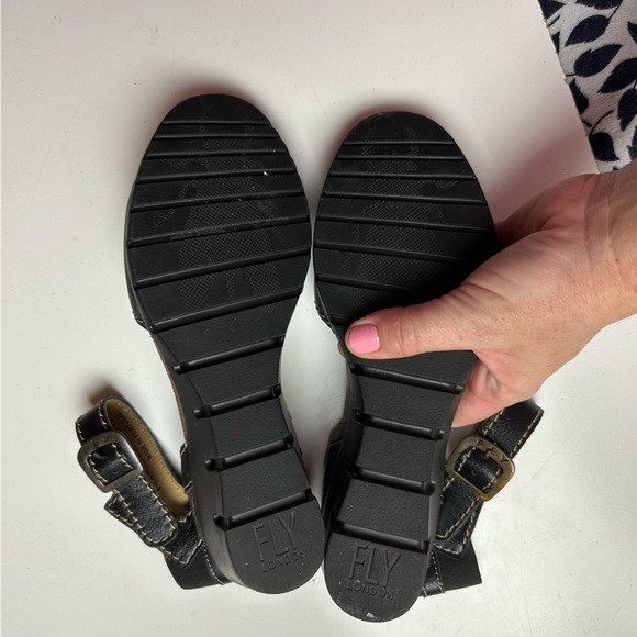 FLY London Imat Leather ColorBlock Metallic/Brown  AnkleStrap Wedge Sandal 7.5-8 - Picture 14 of 16